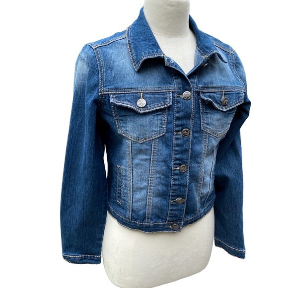 Earl Jean Distressed Faded Denim Trucker Jean Jacket-Gilmore Girls vibe-size S - Picture 1 of 16